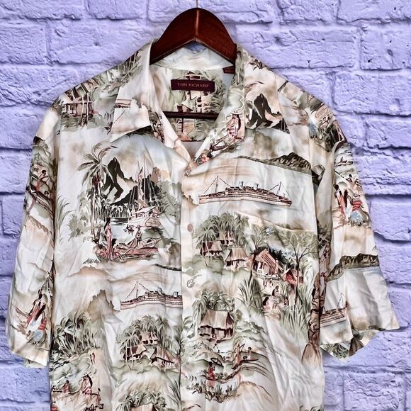 Tori Richard Honolulu Boat Aloha Hawaiian Button Short Sleeve‎ Shirt Large USA - Picture 1 of 5